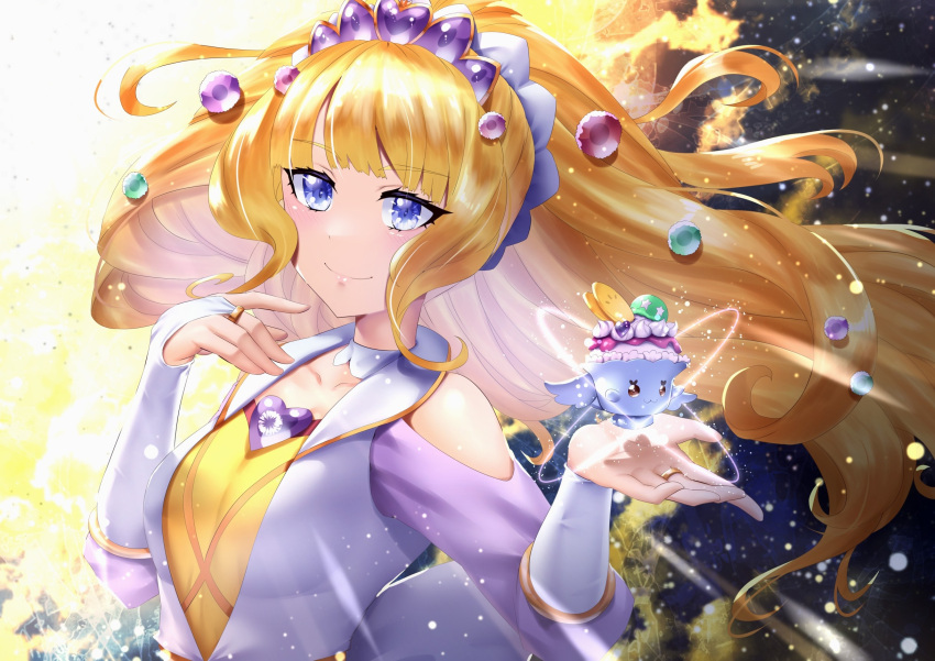 1girl blonde_hair blue_eyes bridal_gauntlets choker closed_mouth clothing_cutout collarbone cure_finale curecycadura delicious_party_precure floating_hair highres kasai_amane long_hair long_sleeves parfait_recipipi precure recipipi shiny shiny_hair shoulder_cutout smile solo upper_body very_long_hair white_choker