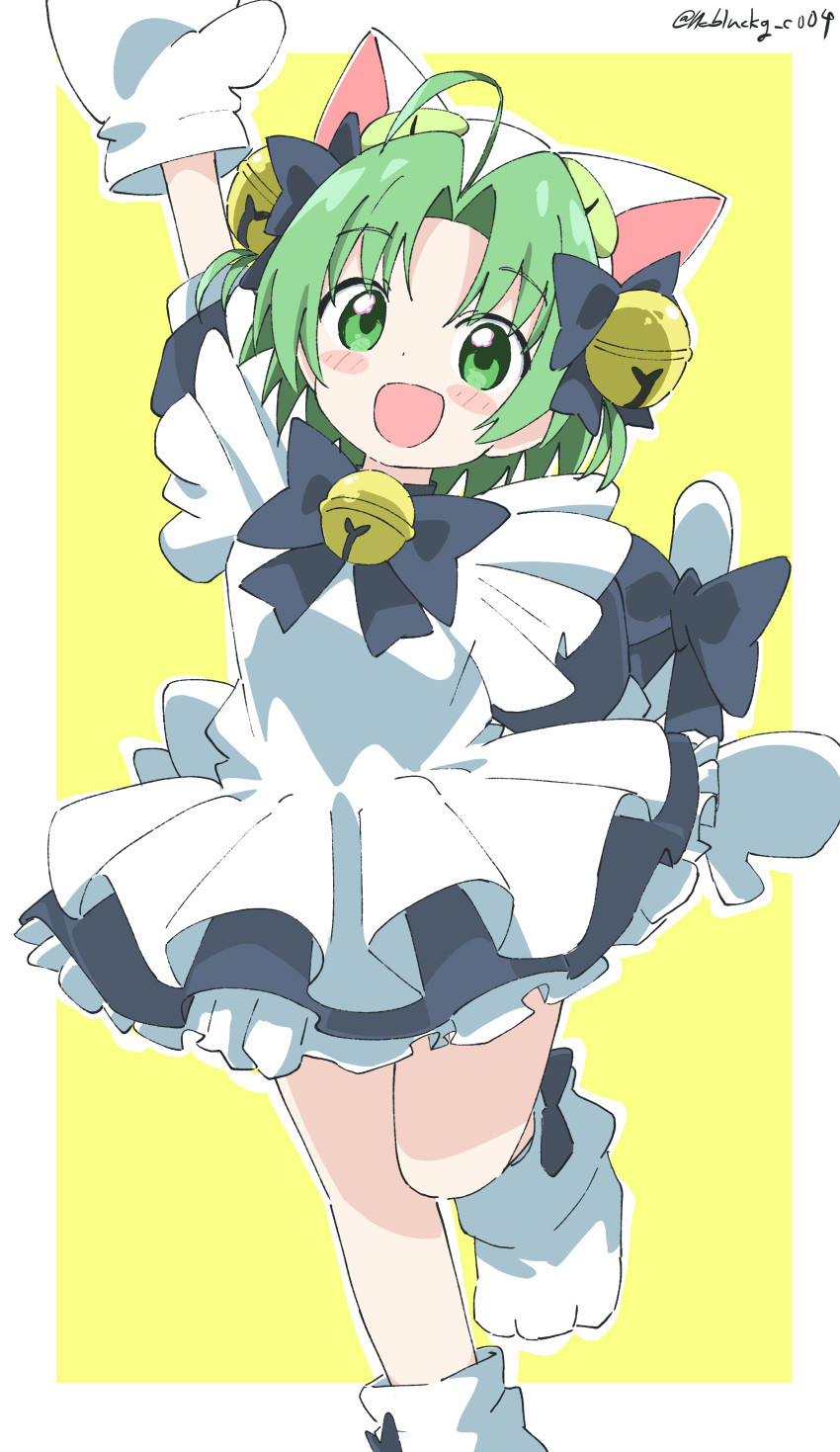 1girl absurdres ahoge animal_ears animal_hat apron arm_up bare_legs bell blush_stickers cat_ears cat_hat cat_tail choker cynical_(llcbluckg_c004) dejiko di_gi_charat gloves green_hair hair_ornament hat highres jingle_bell leg_up looking_at_viewer maid_apron paw_shoes ribbon ribbon_choker short_hair signature simple_background smile solo tail tail_ornament tail_ribbon