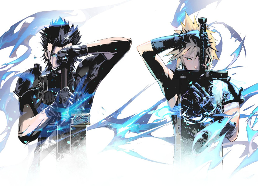 2boys aqua_eyes armor black_gloves black_hair blonde_hair buster_sword cloud_strife cofffee crisis_core_final_fantasy_vii final_fantasy final_fantasy_vii final_fantasy_vii_remake gloves hair_between_eyes hair_slicked_back holding holding_sword holding_weapon looking_at_viewer male_focus multiple_boys short_hair shoulder_armor sleeveless sleeveless_turtleneck spiky_hair sword toned toned_male turtleneck upper_body weapon white_background zack_fair