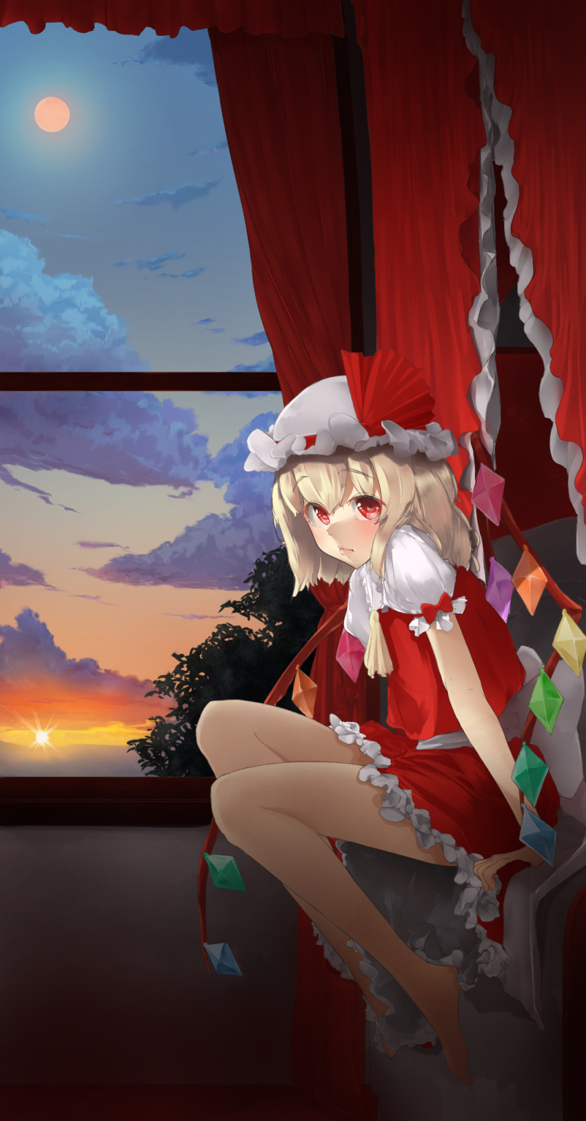 1girl arm_support ascot back_bow bangs bare_legs barefoot bed blonde_hair blush bow canopy_bed closed_mouth clouds crystal curtains diffraction_spikes expressionless flandre_scarlet flat_chest frilled_shirt_collar frills full_body full_moon gradient_sky hair_between_eyes hat hat_bow highres indoors lips looking_at_viewer medium_hair mob_cap moon night petticoat puffy_short_sleeves puffy_sleeves red_bow red_eyes red_skirt red_vest shirt short_sleeves shshs_budai sitting skirt skirt_set sky solo sun sunset touhou vest white_bow white_headwear white_shirt window wings yellow_ascot