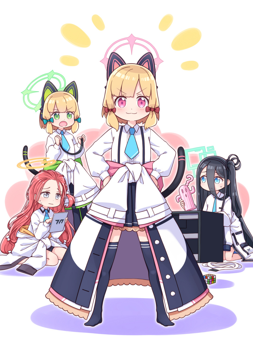 4girls :3 :o ? animal_ear_headphones animal_ears aris_(blue_archive) bangs black_hair black_skirt black_thighhighs blue_archive blue_bow blue_eyes blue_necktie blush bow closed_mouth clothes_around_waist collared_shirt colored_shadow commentary_request fake_animal_ears green_eyes grey_eyes hair_between_eyes hair_bow halo hands_on_hips haniwa_(statue) harada_(sansei_rain) headphones highres holding jacket jacket_around_waist long_sleeves midori_(blue_archive) momoi_(blue_archive) multiple_girls necktie no_shoes one_side_up pink_eyes pleated_skirt puffy_long_sleeves puffy_sleeves red_bow redhead rubik's_cube shadow shirt sidelocks simple_background sitting skirt standing tablet_pc thigh-highs v-shaped_eyebrows wariza wavy_mouth white_background white_jacket white_shirt yuzu_(blue_archive)