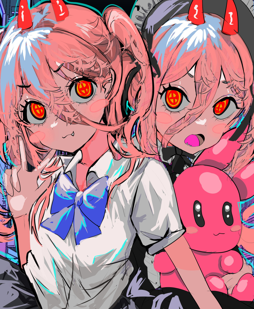 1girl absurdres bangs blue_bow bow chainsaw_man collared_shirt cross-shaped_pupils doll_hug fang hair_between_eyes highres horns long_hair looking_at_viewer maid maid_headdress momae_makku object_hug open_mouth orange_eyes pink_hair power_(chainsaw_man) red_horns shirt stuffed_animal stuffed_bunny stuffed_toy symbol-shaped_pupils twintails white_shirt