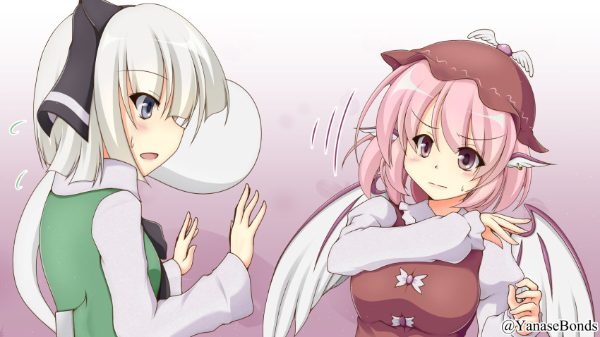 2girls animal_ears bird_ears bird_wings black_ribbon blue_eyes blush brown_dress brown_headwear closed_mouth dress earrings green_vest hat highres hitodama jewelry konpaku_youmu konpaku_youmu_(ghost) kurenaidahlia long_sleeves motion_lines multiple_girls mystia_lorelei pink_eyes pink_hair ribbon shirt short_hair single_earring touhou twitter_username upper_body vest white_hair white_shirt white_wings winged_hat wings