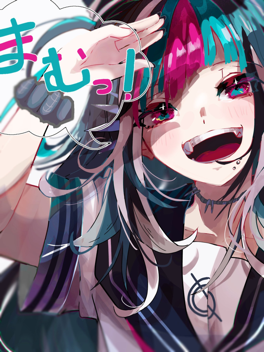 1girl :d bangs black_hair black_sailor_collar black_scrunchie blue_hair blush danganronpa_(series) danganronpa_2:_goodbye_despair hair_horns highres kata_tsumurou long_hair looking_at_viewer mioda_ibuki mouth_piercing multicolored_hair open_mouth piercing pink_eyes pink_hair sailor_collar school_uniform scrunchie shiny shiny_hair shirt short_sleeves smile solo speech_bubble teeth tongue translation_request upper_body upper_teeth white_hair white_shirt wrist_scrunchie