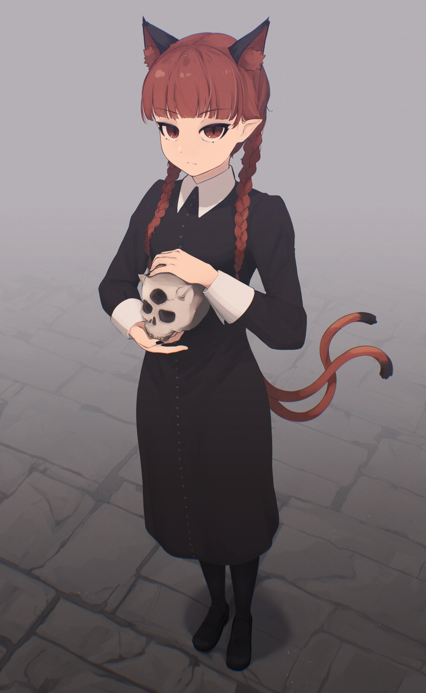 1girl absurdres animal_ears black_dress black_footwear black_pantyhose braid cat_ears cat_tail closed_mouth commission cosplay dress extra_ears from_above full_body highres holding holding_skull kaenbyou_rin long_hair long_sleeves nekomata pantyhose pointy_ears red_eyes redhead senzaicha_kasukadoki shoes skull solo standing tail touhou twin_braids wednesday_addams