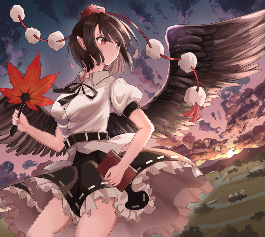1girl bird_wings black_hair black_skirt black_wings blush collared_shirt erisauria feathered_wings frilled_skirt frills hand_fan hat hauchiwa highres holding holding_fan parted_lips pointy_ears pom_pom_(clothes) puffy_short_sleeves puffy_sleeves red_eyes red_headwear shameimaru_aya shirt short_hair short_sleeves skirt solo tokin_hat touhou white_shirt wings