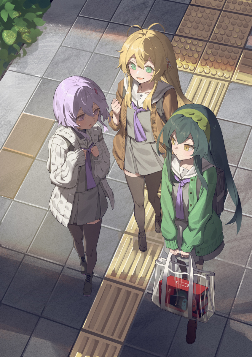 3girls a.i._voice antenna_hair backpack bag beads black_footwear black_thighhighs blonde_hair box brown_cardigan cardigan dark_green_hair foreshortening from_above full_body green_cardigan green_eyes grey_cardigan grey_shirt grey_skirt hair_beads hair_ornament hairband hairclip highres holding holding_bag long_hair looking_at_another mary_janes miniskirt multiple_girls necktie nintendo_switch open_mouth outdoors purple_hair purple_necktie ribbed_cardigan sailor_collar school_uniform see-through shirt shoes short_hair sidelighting sidelocks skirt smile standing tactile_paving thigh-highs tile_floor tiles touhoku_zunko tsurumaki_maki violet_eyes voiceroid white_sailor_collar yamamomo_(plank) yellow_eyes yuzuki_yukari yuzuki_yukari_(shizuku)