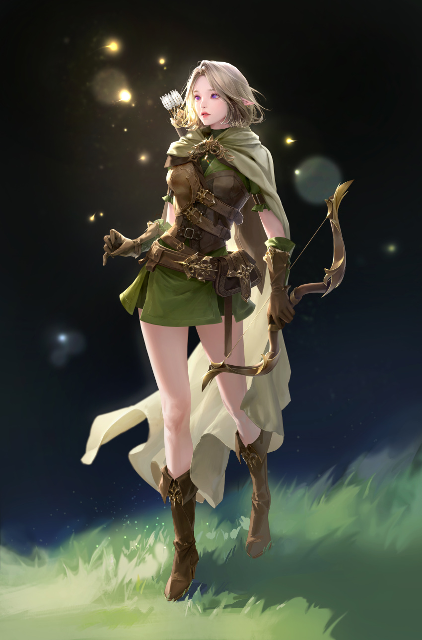 1girl absurdres arrow_(projectile) belt belt_pouch blonde_hair boots bow_(weapon) brown_footwear brown_gloves cloak commentary dated_commentary earrings elf english_commentary eyelashes fantasy fireflies full_body gem gloves grass green_cloak high_heel_boots high_heels highres holding holding_weapon hood hood_down hooded_cloak jewelry lizchief long_eyelashes original parted_lips pink_lips pointy_ears pouch quiver short_hair signature solo turtleneck violet_eyes weapon