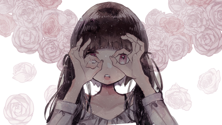 1girl bangs black_hair blunt_bangs collarbone flower grey_shirt looking_at_viewer low_twintails muted_color off-shoulder_shirt off_shoulder open_mouth original painting_(medium) rose shirt sleeves_past_wrists solo supika teeth traditional_media twintails upper_body upper_teeth violet_eyes watercolor_(medium) white_background