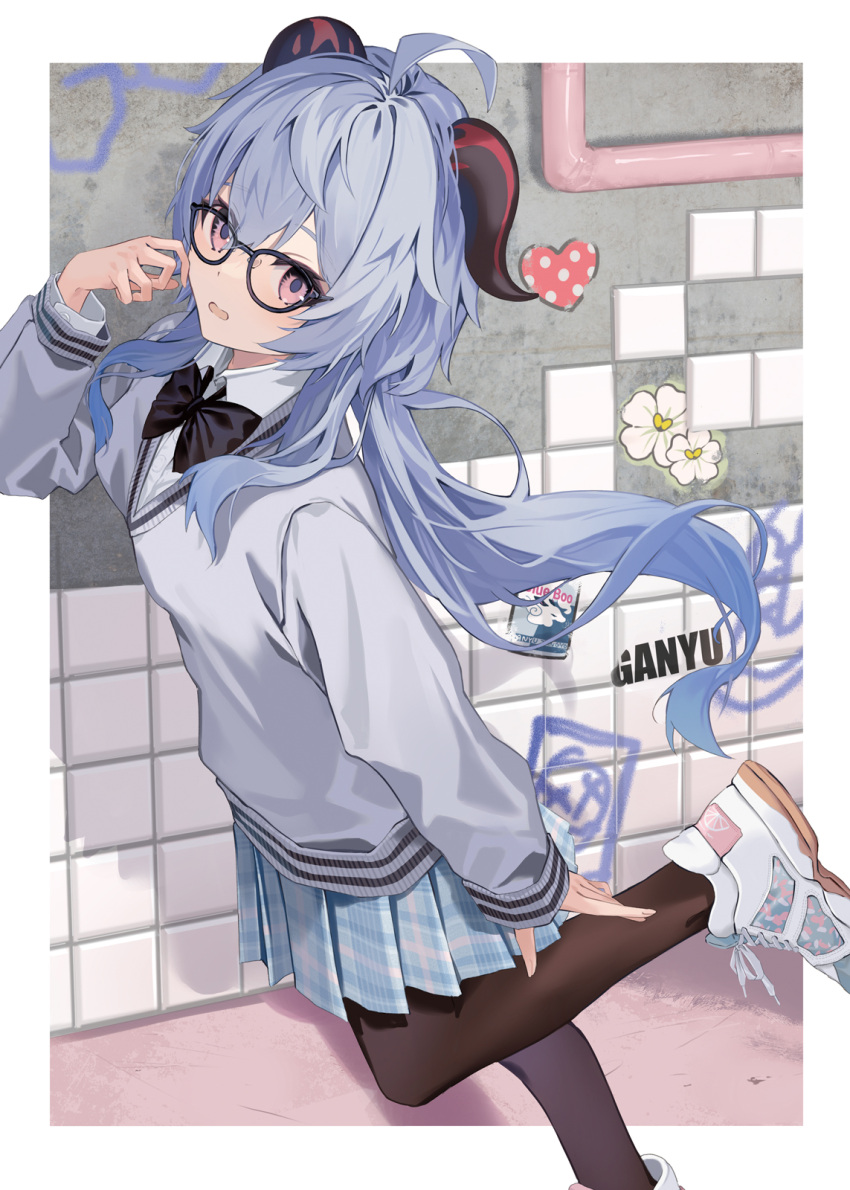 1girl ahoge alternate_costume arm_at_side bangs bespectacled black-framed_eyewear black_bow black_bowtie black_pantyhose blue_hair blue_skirt border bow bowtie character_name collared_shirt commentary contemporary dutch_angle floating_hair foot_out_of_frame from_side ganyu_(genshin_impact) genshin_impact glasses goat_horns graffiti grey_sweater hand_up heart highres horns leg_up long_sleeves looking_at_viewer low_ponytail miniskirt motto_(night_wear) pantyhose parted_lips plaid plaid_skirt pleated_skirt polka_dot school_uniform shirt shoes sidelocks skirt sleeves_past_wrists sneakers solo standing standing_on_one_leg sweater symbol-only_commentary tile_wall tiles violet_eyes white_border white_footwear white_shirt