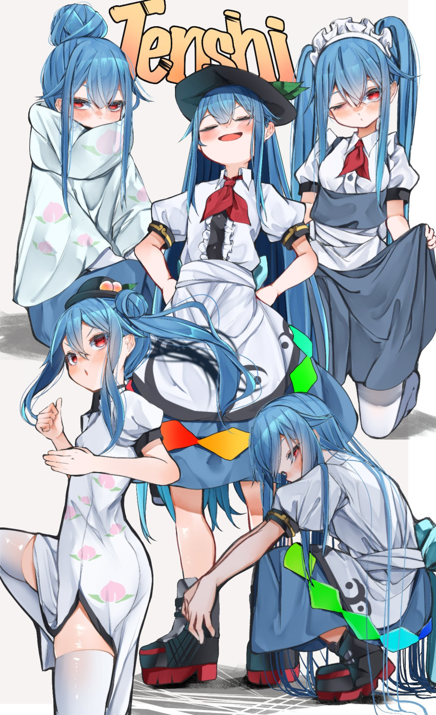 5girls :d adapted_costume alternate_costume alternate_hairstyle black_headwear blue_hair blue_skirt blush boots bow breasts center_frills character_name china_dress chinese_clothes covered_mouth dress enmaided flat_chest food foot_out_of_frame frills fruit full_body grey_background hair_between_eyes hair_bun hands_on_hips hat highres hinanawi_tenshi knee_up leaf leg_up long_hair maid maid_headdress multiple_girls multiple_views peach peach_print poncho puffy_short_sleeves puffy_sleeves red_bow red_eyes shadow shirt short_sleeves side_slit sidelocks simple_background skirt small_breasts smile smug squatting standing thigh-highs touhou tsune_(tune) twintails v-shaped_eyebrows white_dress white_shirt