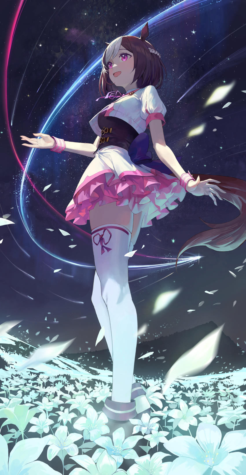 1girl absurdres animal_ears bangs blush bow braid breasts brown_hair chobbb field flower flower_field full_body gloves highres horse_ears horse_girl horse_tail long_hair multicolored_hair neck_ribbon night night_sky open_mouth outdoors petals pink_eyes pink_skirt ribbon school_uniform shirt shooting_star short_hair short_sleeves skirt sky smile solo space special_week_(umamusume) standing star_(sky) starry_sky tail thigh-highs thighs two-tone_hair umamusume white_flower white_hair wristband zettai_ryouiki