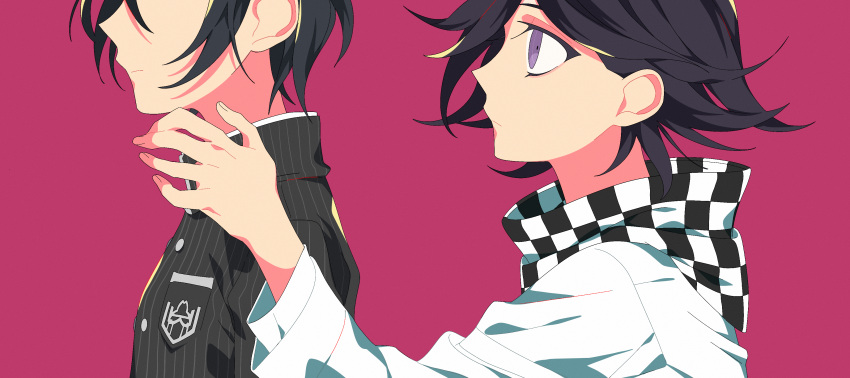 2boys absurdres asa_me_daiki bangs black_hair black_jacket black_scarf breast_pocket buttons checkered_clothes checkered_scarf closed_mouth commentary_request danganronpa_(series) danganronpa_v3:_killing_harmony from_side grey_jacket hair_behind_ear hand_up highres jacket long_sleeves looking_at_another male_focus multiple_boys ouma_kokichi pink_background pink_eyes pocket saihara_shuuichi scarf short_hair striped striped_jacket white_scarf