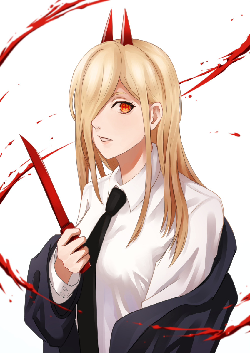 1girl absurdres ao_desu2222 black_jacket black_necktie blonde_hair blood chainsaw_man collared_shirt cross-shaped_pupils hair_over_one_eye hemokinesis highres holding holding_knife holding_weapon horns jacket jacket_partially_removed knife long_hair looking_at_viewer necktie power_(chainsaw_man) red_eyes red_horns shirt simple_background solo symbol-shaped_pupils weapon white_background white_shirt