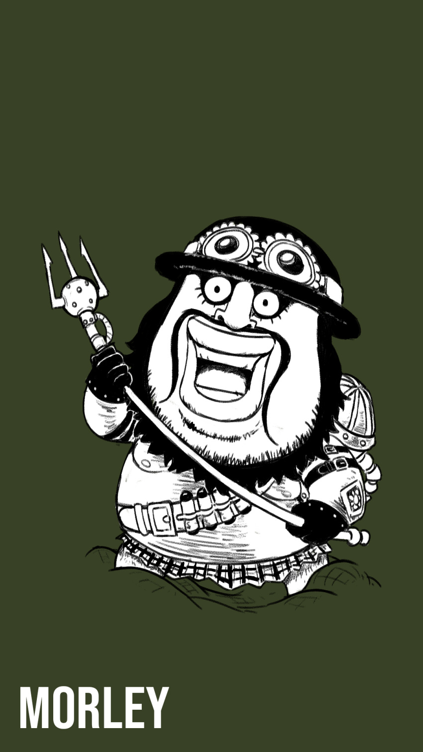 1boy arm_hair arm_strap armor bandolier beard belt blacknirrow bowler_hat character_name chest_hair chibi commentary english_commentary english_text facial_hair fat fat_man gloves green_background hand_up happy hat highres holding_trident legs_apart lips male_focus miniskirt monochrome morley mustache nipples one_piece open_mouth plaid plaid_skirt pleated_skirt puffy_chest short_hair shoulder_armor simple_background sketch skirt smile solo standing teeth