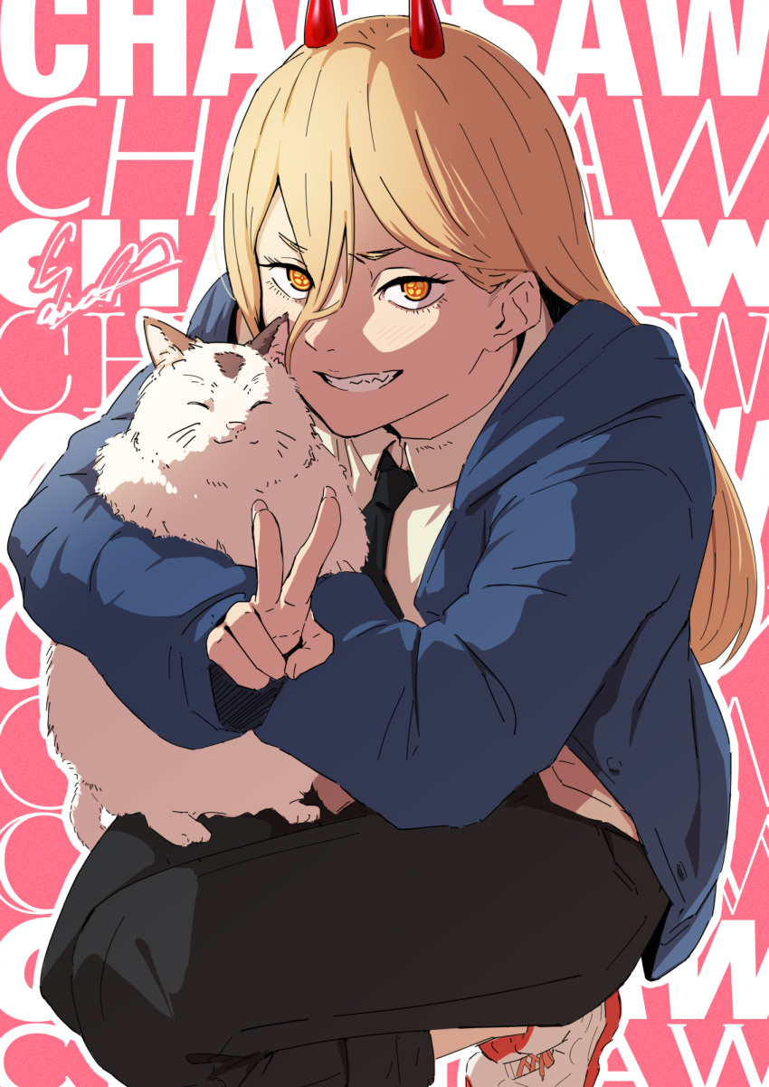 1girl animal bangs black_necktie black_pants blonde_hair blue_jacket cat chainsaw_man collared_shirt commentary cross-shaped_pupils demon_horns grin hair_between_eyes highres holding holding_animal holding_cat horns jacket light_blush long_bangs long_hair long_sleeves looking_at_viewer meowy_(chainsaw_man) necktie open_clothes open_jacket open_mouth pants pants_rolled_up power_(chainsaw_man) red_horns sawasa sharp_teeth shirt shoes signature sitting smile sneakers solo symbol-shaped_pupils teeth text_background v white_cat white_footwear white_shirt yellow_eyes