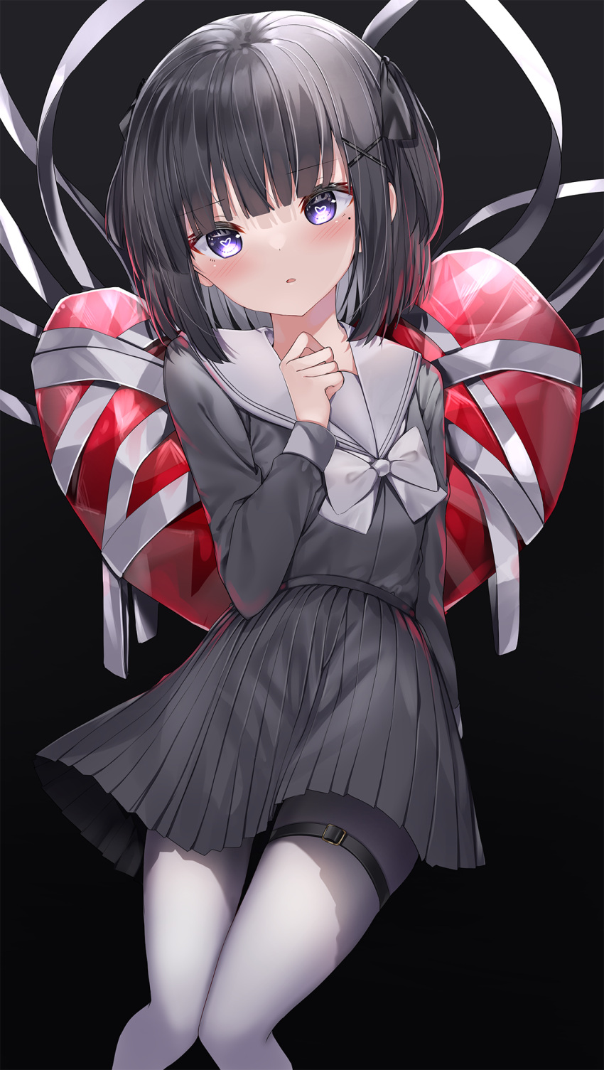 1girl black_background black_hair black_ribbon black_serafuku black_shirt black_skirt blush bow commentary_request feet_out_of_frame grey_bow grey_sailor_collar hair_ornament hair_ribbon hairclip hand_up heart heart-shaped_pupils highres knees_together_feet_apart long_sleeves looking_at_viewer mole mole_under_eye neku_(neku_draw) original pantyhose parted_lips pleated_skirt ribbon sailor_collar school_uniform serafuku shirt simple_background skirt solo symbol-shaped_pupils two_side_up violet_eyes white_pantyhose x_hair_ornament