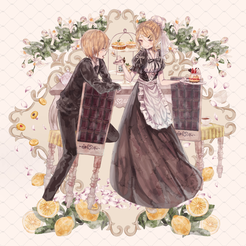 1boy 1girl absurdres apron arm_rest black_dress black_jacket black_necktie black_pants black_ribbon black_suit blonde_hair braid brown_eyes cake cake_slice center_frills chair closed_mouth collared_shirt comitia cookie cream cropped_legs cup dessert dress drink feeding feet_on_chair flower food formal frilled_apron frilled_sleeves frills from_side fruit garland_(decoration) grimm's_fairy_tales hair_ornament hairpin hat heart highres holding holding_food holding_plate holding_spoon jacket leaf lemon long_dress long_sleeves looking_at_another maid_apron mob_cap multiple_views necktie on_chair open_mouth original pants petals pie plate puffy_short_sleeves puffy_sleeves ribbon saucer shirt short_hair short_sleeves single_braid smile spoon strawberry suit supika table teacup tiered_tray tongue tongue_out white_apron white_background white_flower white_ribbon white_shirt x_hair_ornament