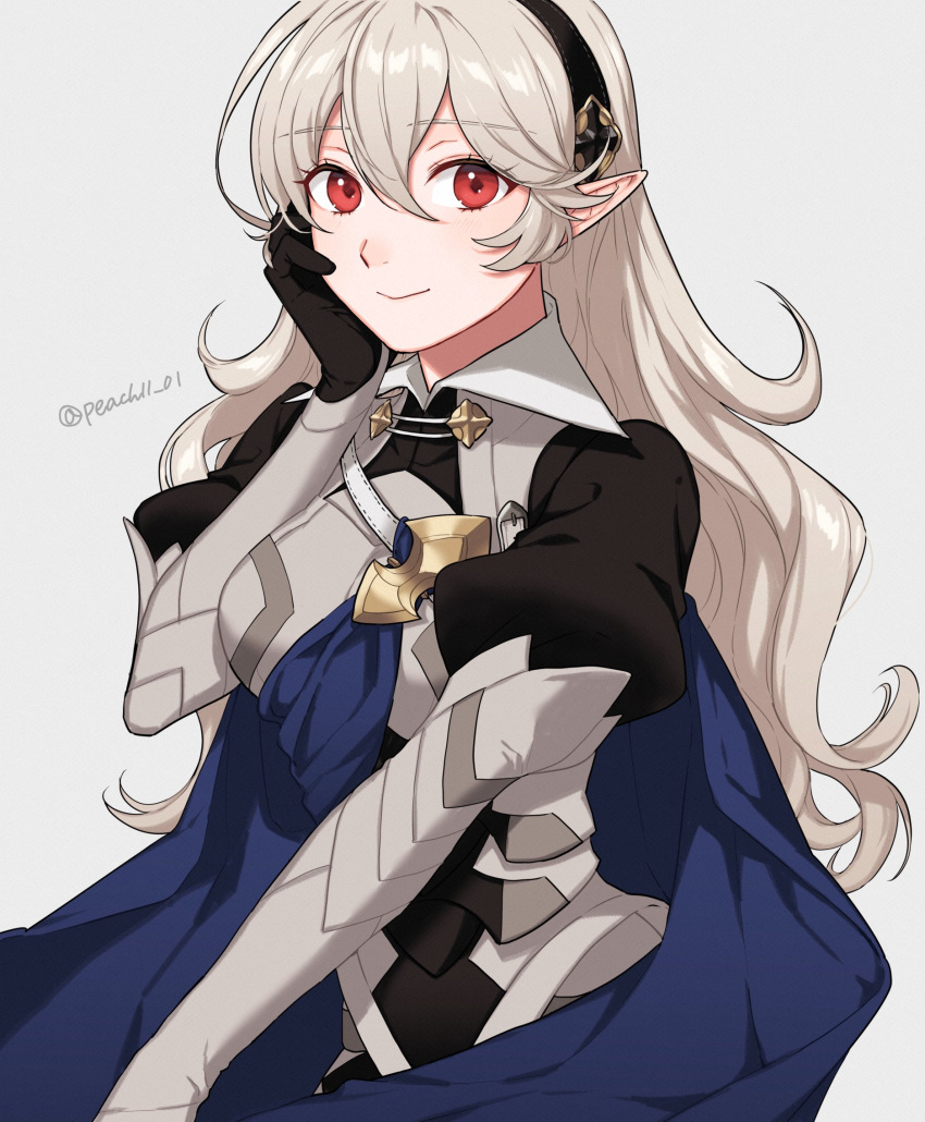 1girl armor bangs breastplate cape corrin_(fire_emblem) corrin_(fire_emblem)_(female) fire_emblem fire_emblem_fates gloves hair_between_eyes hairband highres juliet_sleeves long_hair long_sleeves looking_at_viewer open_mouth peach11_01 pointy_ears puffy_sleeves red_eyes simple_background smile solo wavy_hair white_hair