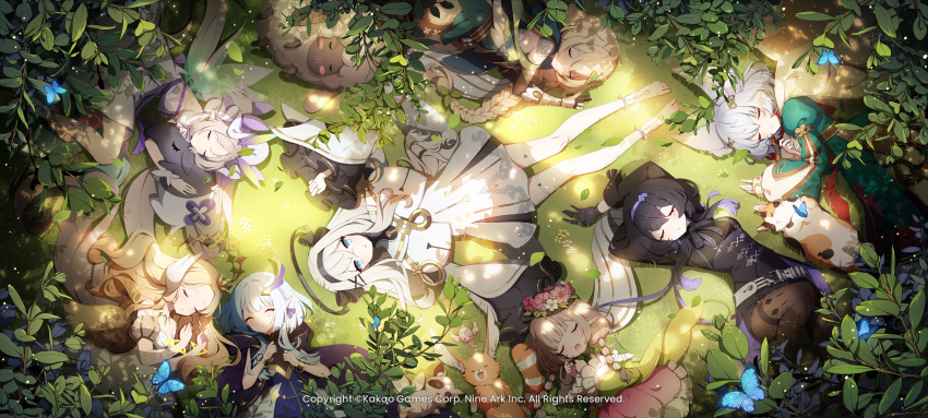 animal animal_ears bangs barefoot belt bird black_dress black_gloves black_hair blonde_hair blue_butterfly blue_dress blue_eyes blue_hair blush bonnet bracelet bracer braid bug butterfly cat company_name copyright detached_sleeves dress eversoul fairy_wings foliage fox_ears fox_girl frilled_dress frilled_skirt frilled_sleeves frills gloves grass hair_between_eyes hair_ornament hair_ribbon hairband haru_(eversoul) head_wreath highres hood jewelry linzy_(eversoul) long_hair lying mephistopheles_(eversoul) multiple_girls naiah_(eversoul) off-shoulder_dress off_shoulder official_art official_wallpaper on_back on_grass pantyhose plant pointy_ears promotional_art ribbon sheep short_hair skirt sleeping sleeves_past_fingers sleeves_past_wrists sunlight talia_(eversoul) two-tone_dress white_dress white_hair wings