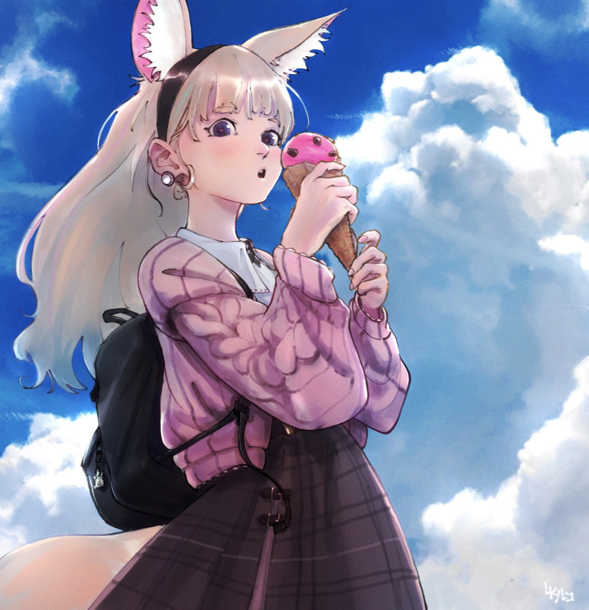 1girl animal_ears backpack bag black_hairband blue_sky blush brown_skirt cable_knit day earrings food fox_ears grey_hair hairband highres holding hololive ice_cream jacket jewelry long_hair long_sleeves looking_at_viewer luqosan omaru_polka outdoors parted_lips pink_jacket shirt skirt sky solo tail violet_eyes white_shirt