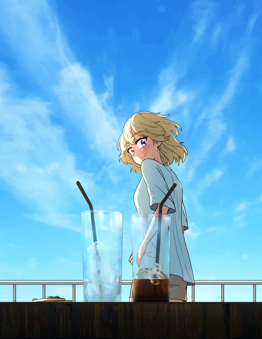 1girl absurdres alternate_costume alternate_hairstyle blonde_hair blue_eyes blue_sky blush brown_shorts closed_mouth cup ddolbang drinking_glass from_behind from_side highres hololive hololive_english looking_at_viewer looking_back looking_to_the_side shirt short_hair shorts sky smile solo t-shirt virtual_youtuber watson_amelia white_shirt