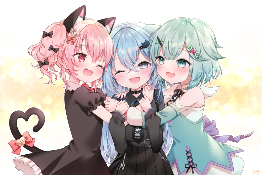 3girls :3 :d animal_ear_fluff animal_ears back_bow bangs bell belt blue_eyes blue_hair blush bow cat_ears cat_girl cat_hair_ornament cat_tail character_request collar collared_shirt cross-laced_dress dress fang frilled_dress frills green_eyes green_hair hair_bow hair_ornament hairclip heart heart-shaped_bell heart_hair_ornament heart_tail hug long_hair long_sleeves multiple_girls multiple_hair_bows nanase_(ribonshitoron) necktie off-shoulder_dress off_shoulder one_eye_closed original pink_eyes pink_hair pleated_skirt ribbon shirt short_hair short_sleeves skirt smile suspender_skirt suspenders tail tail_bell tail_bow tail_ornament twintails very_long_hair virtual_youtuber wings x_hair_ornament