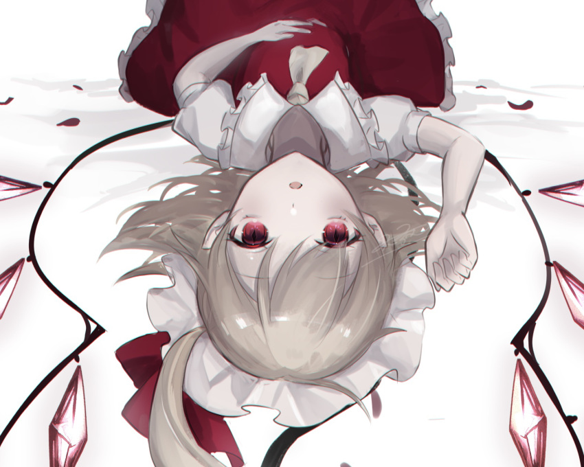 1girl ascot blonde_hair crystal flandre_scarlet frilled_shirt_collar frilled_skirt frills hand_on_own_stomach hat highres limited_palette looking_at_viewer lying mob_cap on_back open_mouth petals puffy_short_sleeves puffy_sleeves red_eyes red_skirt red_vest rokuya_(68_zusao) shirt short_sleeves skirt skirt_set solo touhou upside-down vest white_headwear white_shirt wings yellow_ascot