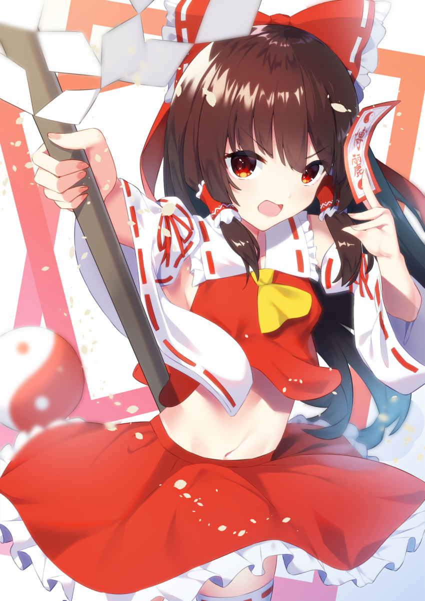 1girl ambasa armpits ascot bow brown_hair collared_shirt cowboy_shot detached_sleeves frilled_bow frilled_hair_tubes frilled_shirt_collar frilled_skirt frills hair_bow hair_tubes hakama hakama_skirt hakurei_reimu highres japanese_clothes long_hair midriff navel ofuda open_mouth orb red_bow red_eyes red_hakama red_shirt red_skirt red_vest ribbon-trimmed_sleeves ribbon_trim shirt sidelocks skirt sleeveless sleeveless_shirt solo talisman touhou v-shaped_eyebrows vest white_sleeves wide_sleeves yellow_ascot yin_yang yin_yang_orb