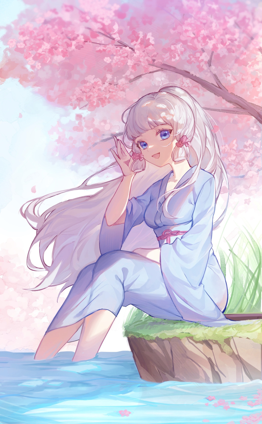 1girl :d absurdres bangs blue_eyes blue_hair blue_kimono blunt_bangs cherry_blossoms commentary_request genshin_impact hand_up highres imros japanese_clothes kamisato_ayaka kimono long_hair looking_at_viewer open_mouth ponytail sitting smile soaking_feet solo tree very_long_hair water wide_sleeves