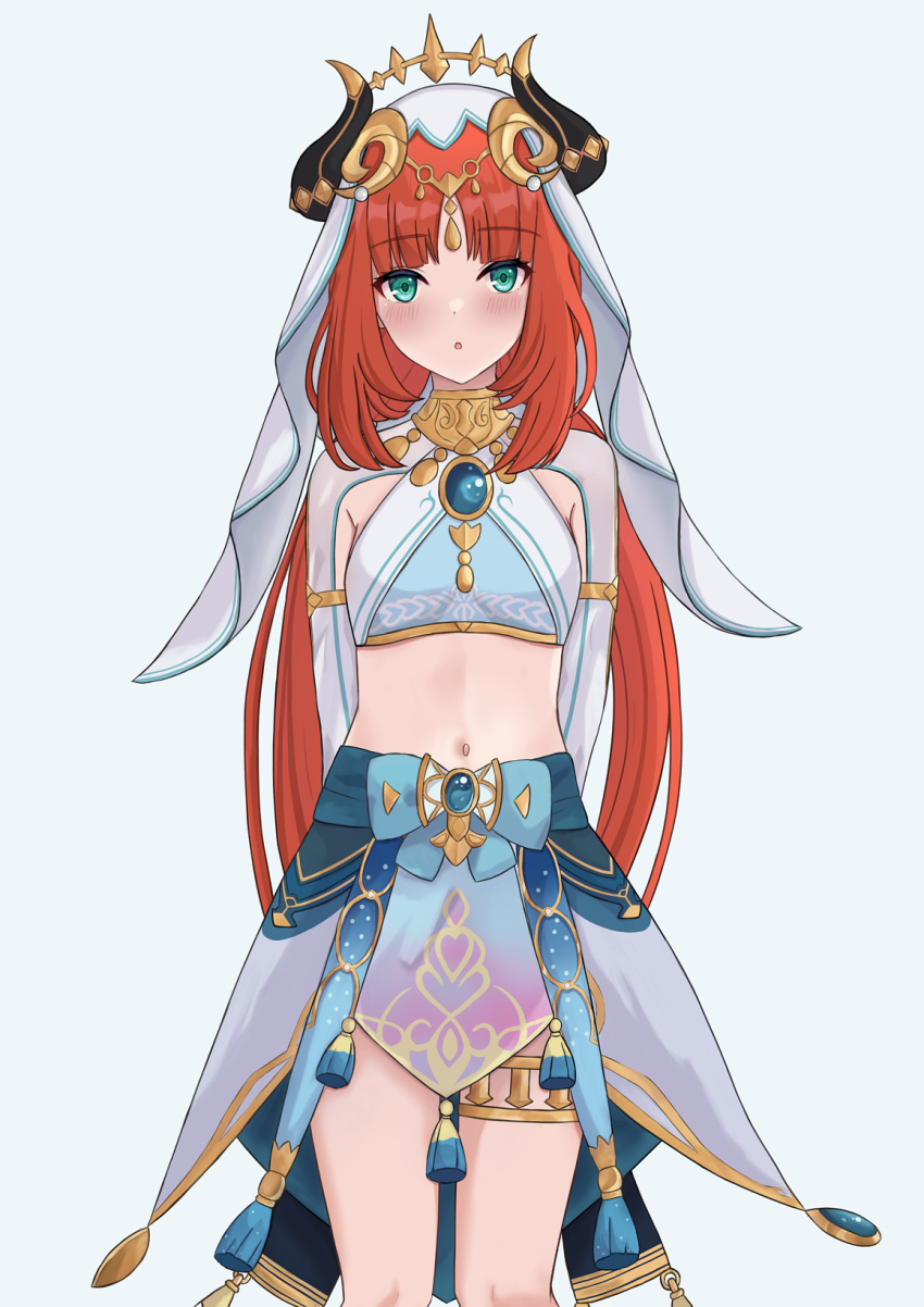 1girl :o arms_behind_back bangs blue_bow blue_gemstone blue_skirt blush bow breasts brooch circlet cowboy_shot crop_top fake_horns gem genshin_impact gold_trim green_eyes harem_outfit highres horns jewelry long_hair looking_at_viewer low_twintails navel neck_ring nilou_(genshin_impact) parted_bangs parted_lips pelvic_curtain redhead sidelocks skirt small_breasts solo stomach tassel thighlet thighs tokawa_ryo twintails veil white_headwear white_sleeves