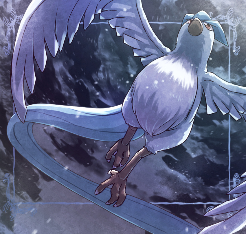 animal_focus articuno bird brown_eyes closed_mouth commentary_request flying framed from_below kotobukkii_(yt_lvlv) no_humans pokemon pokemon_(creature) solo talons