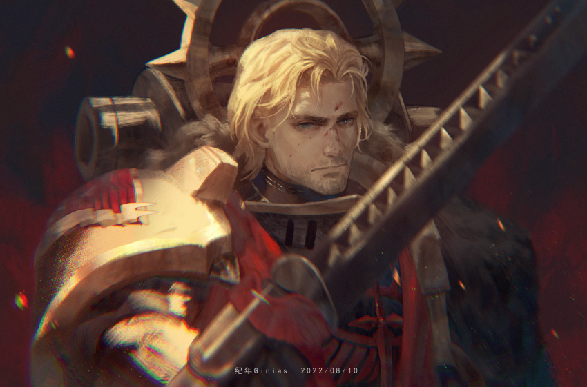 1boy 2022 absurdres armor artist_name blonde_hair blood blood_on_face blue_eyes chainsword closed_mouth dark_angels dated gauntlets ginias highres holding holding_sword holding_weapon lion_el'jonson medium_hair no_headwear pauldrons primarch shoulder_armor solo sword upper_body warhammer_40k weapon