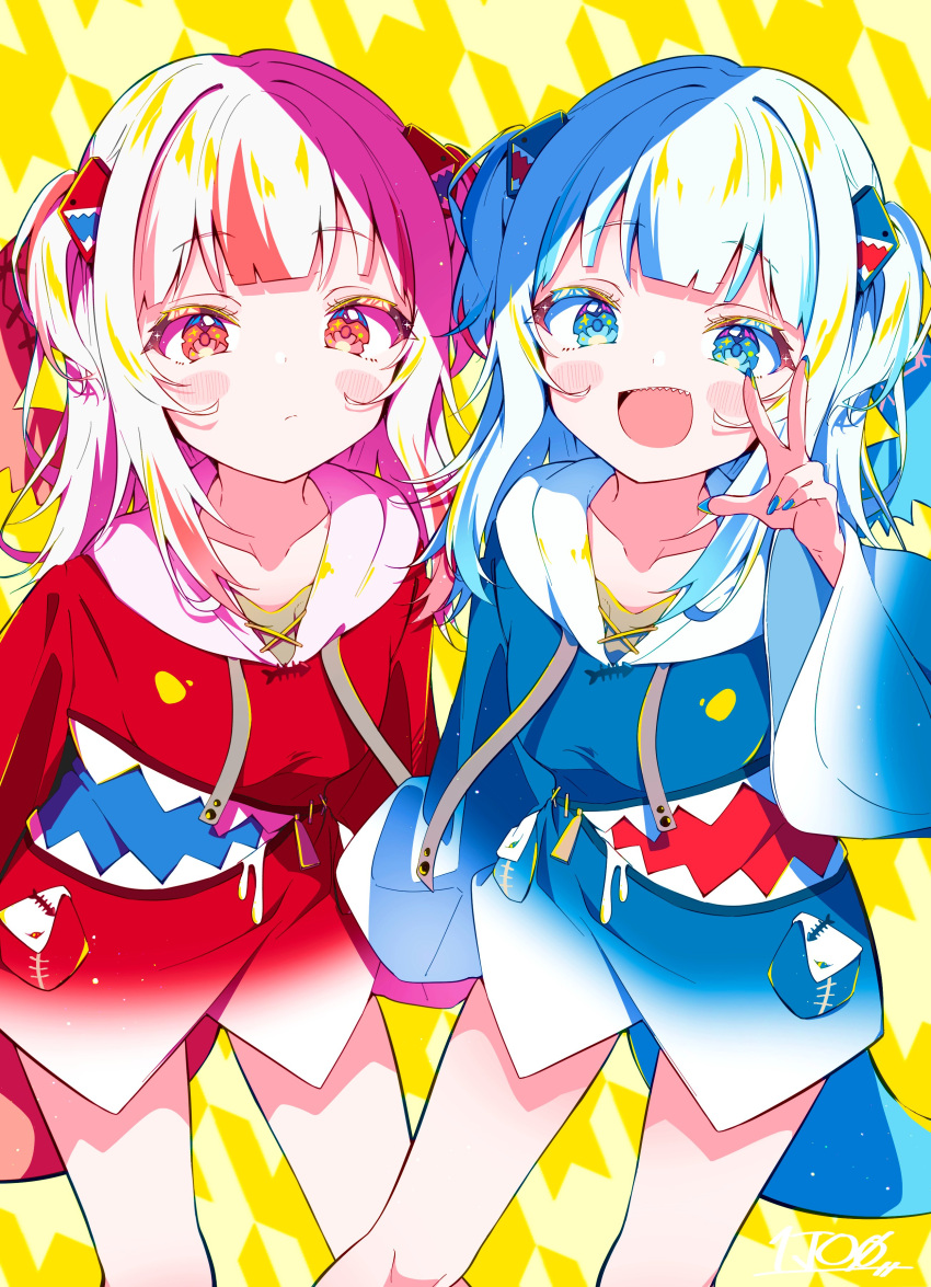 2girls absurdres alternate_color bangs blue_eyes blue_hair blue_hoodie blue_nails blunt_bangs blush closed_mouth dual_persona fish_tail gawr_gura hair_ornament highres hololive hololive_english hood hoodie ichijo_rei long_hair long_sleeves looking_at_viewer multicolored_hair multiple_girls no_pants open_mouth red_eyes red_hoodie redhead shark_girl shark_hair_ornament shark_tail sharp_teeth streaked_hair tail teeth two_side_up virtual_youtuber w white_hair wide_sleeves zipper_pull_tab