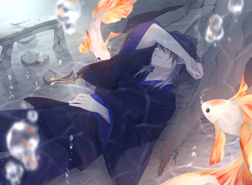 1boy absurdres closed_eyes closed_mouth crying fish goldfish highres japanese_clothes long_hair long_sleeves lying male_focus on_back original purple_hair tsuki_mitsu underwater wide_sleeves