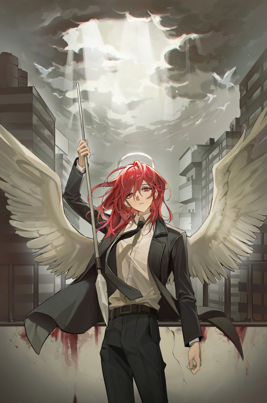 1boy absurdres angel_devil_(chainsaw_man) angel_wings bangs black_jacket black_necktie blood chainsaw_man cityscape clouds cloudy_sky collared_shirt eeleng feathered_wings formal halo highres holding holding_polearm holding_weapon jacket light_rays looking_at_viewer medium_hair necktie polearm red_eyes redhead shirt shirt_tucked_in sky solo suit sunbeam sunlight weapon white_shirt white_sky white_wings wings