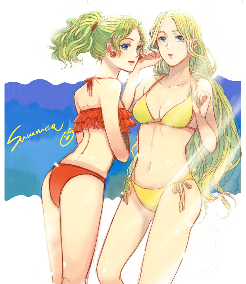 2girls bangs bikini blonde_hair blue_eyes celes_chere final_fantasy final_fantasy_vi green_bikini green_hair high_ponytail highres long_hair multiple_girls odendazo parted_bangs ponytail red_bikini side-tie_bikini_bottom square_enix swimsuit tina_branford wavy_hair