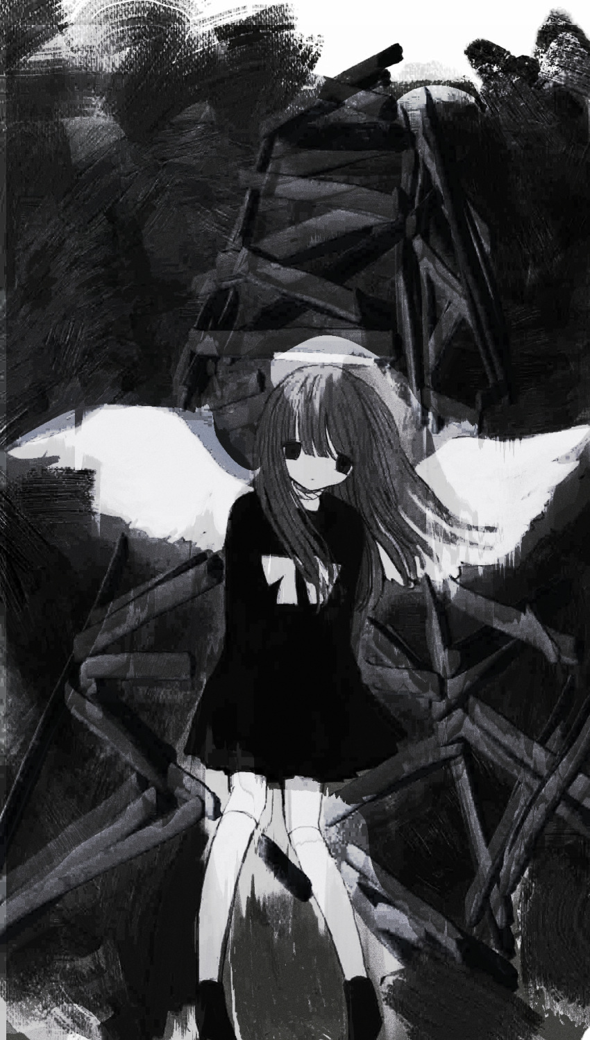 1girl angel angel_wings arms_behind_back bangs black_dress black_footwear black_hair bow commentary_request dress dress_bow empty_eyes expressionless feet_out_of_frame greyscale halo highres kneehighs looking_at_viewer medium_hair monochrome musyamusyaaaaa noose original socks solo white_bow white_socks wings