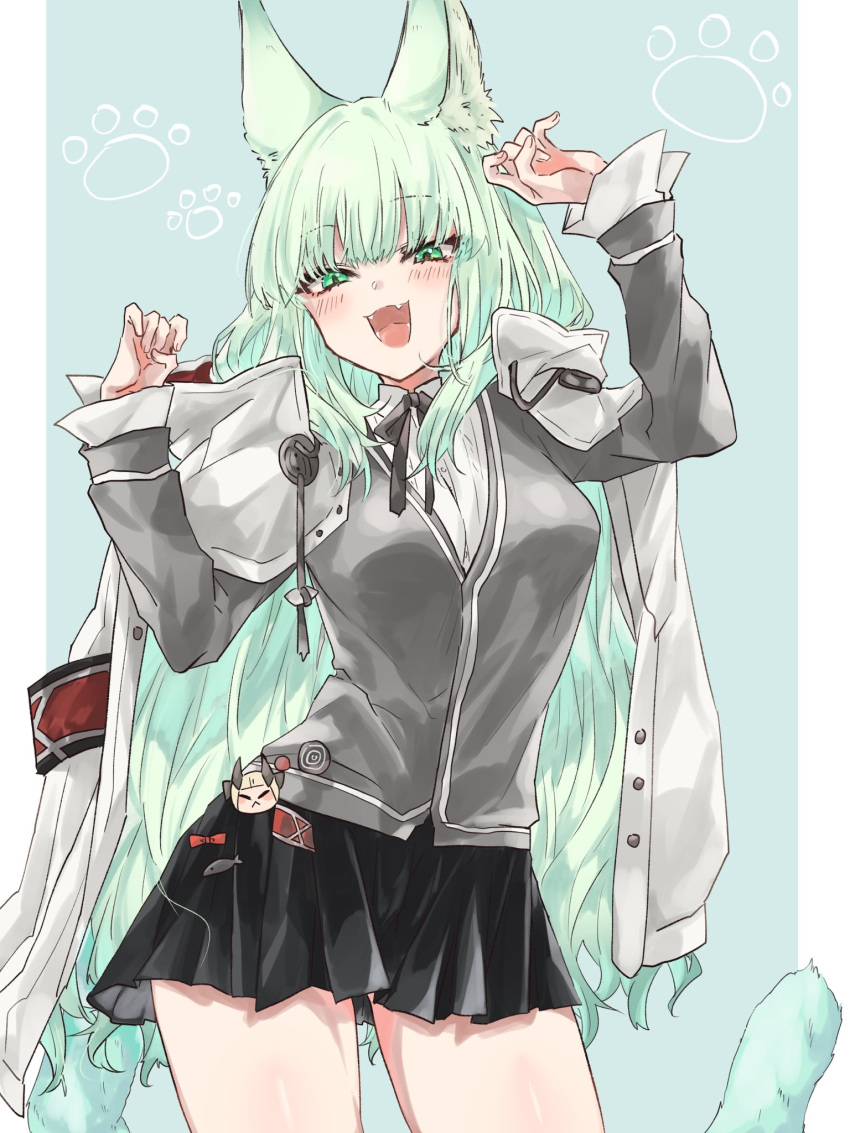 1girl an_fyhx animal_ear_fluff animal_ears arknights armband badge button_badge cape cardigan cat_ears fang green_eyes green_hair grey_cardigan hands_up harmonie_(arknights) highres hood hooded_cape long_hair neck_ribbon open_mouth pleated_skirt ribbon shirt skirt smug tail white_cape white_shirt