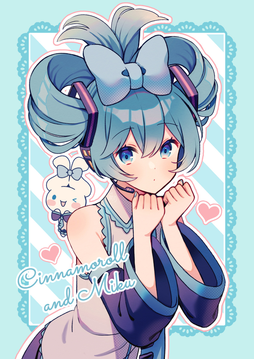 &gt;_o 1girl aqua_hair aqua_nails armpit_crease bare_shoulders bent_over black_sleeves blue_bow blue_eyes blue_necktie bow character_name cinnamiku cinnamoroll clenched_hands collared_shirt detached_sleeves diagonal_stripes dot_nose double_bun edward-el fingernails hair_between_eyes hair_bow hair_bun hands_up hatsune_miku headset heart heart_background highres lace_border light_blue_background looking_at_viewer necktie one_eye_closed outline own_hands_together parted_lips sanrio shiny shiny_hair shirt sidelocks simple_background sleeveless sleeveless_shirt solo striped striped_background tie_clip updo upper_body vocaloid white_outline white_shirt wide_sleeves