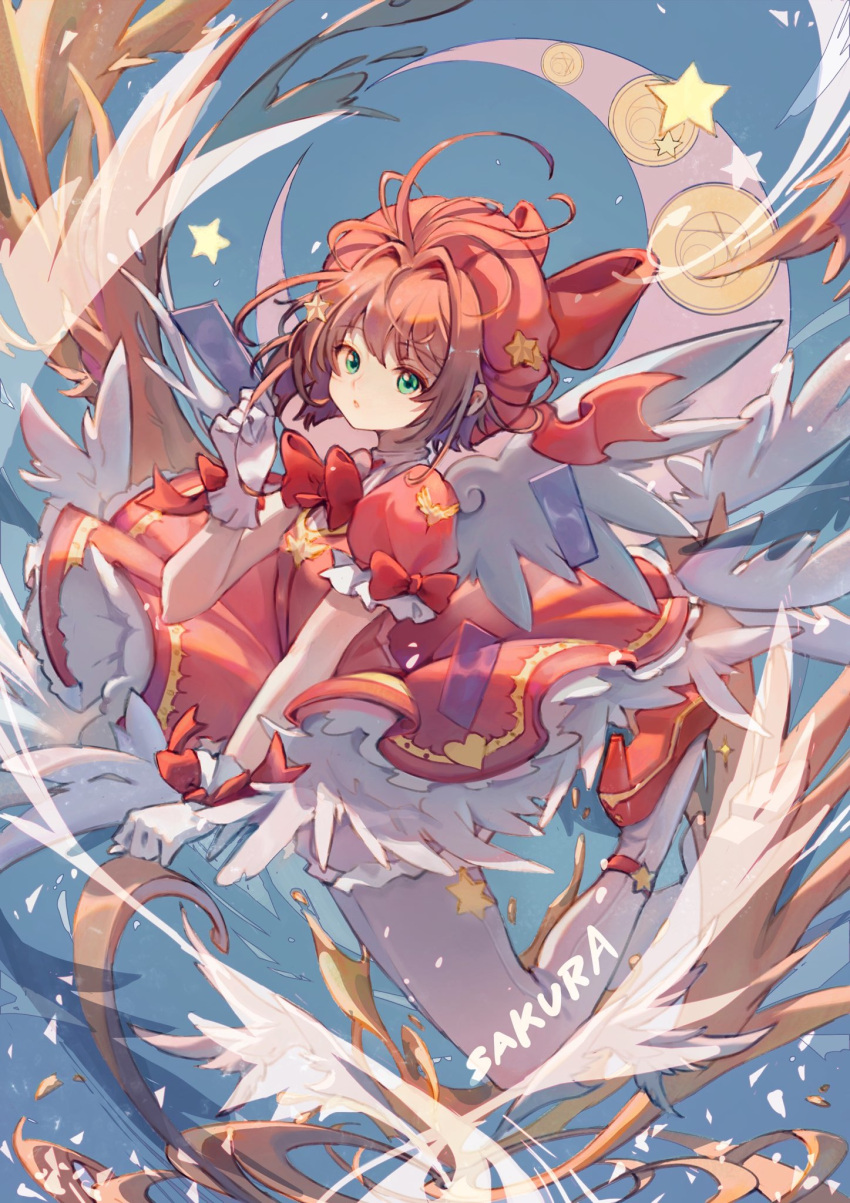 1girl a_yue bow brown_hair card cardcaptor_sakura character_name female_child gloves green_eyes highres kinomoto_sakura magical_girl moon red_bow red_footwear red_headwear solo star_(symbol) white_gloves