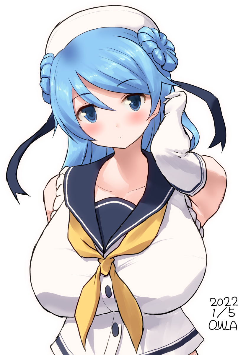 1girl artist_name blue_eyes blue_hair blue_sailor_collar breasts collarbone dated double_bun elbow_gloves gloves hair_bun hat highres kantai_collection large_breasts looking_at_viewer neckerchief one-hour_drawing_challenge owa_(ishtail) sailor_collar sailor_hat school_uniform serafuku shirt simple_background sleeves_rolled_up solo upper_body urakaze_(kancolle) white_background white_gloves white_headwear white_shirt yellow_neckerchief
