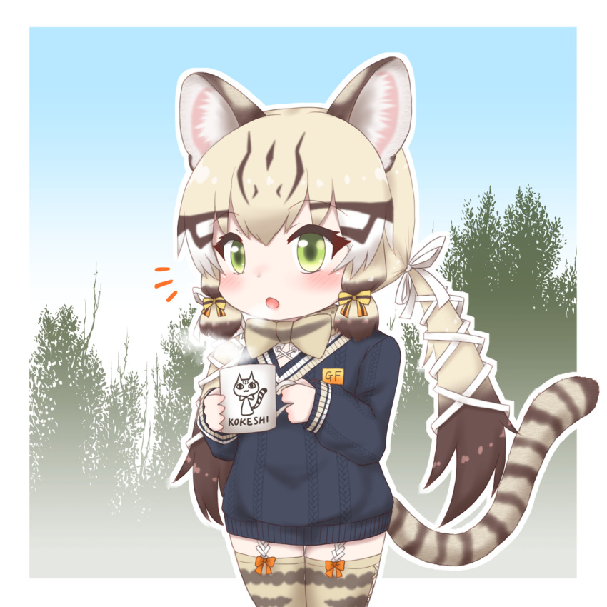 1girl animal_costume animal_ear_fluff animal_ears bow bowtie cat_ears cat_girl cat_tail cup extra_ears forest geoffroy's_cat_(kemono_friends) green_eyes highres holding holding_cup kemono_friends kemono_friends_v_project kneehighs long_hair looking_at_viewer mabuta_(mbt) nature open_mouth ribbon socks solo sweater tail twintails virtual_youtuber