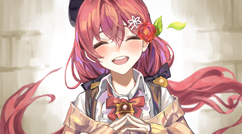 1girl :d absurdres bangs bell blush bow bowtie cardigan closed_eyes cocoballking facing_viewer floating_hair flower hair_between_eyes hair_flower hair_ornament hat highres hololive leaf long_hair long_sleeves neck_bell pink_hair red_bow red_bowtie red_flower sakura_miko sleeves_past_wrists smile solo steepled_fingers twintails upper_body