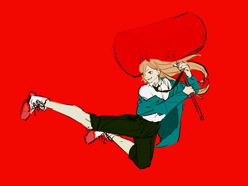 1girl black_necktie blonde_hair blue_jacket chainsaw_man floating_necktie flying_kick hair_over_one_eye hammer highres holding holding_hammer holding_weapon horns jacket jacket_partially_removed kicking long_hair looking_to_the_side midair necktie pants pants_rolled_up pecopecosupipi power_(chainsaw_man) red_background red_eyes red_horns red_theme shirt shirt_tucked_in simple_background smile solo weapon white_shirt