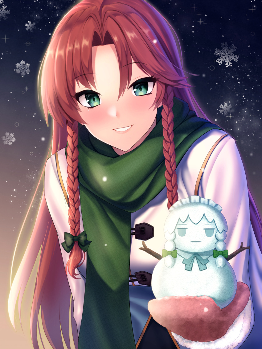 1girl bow braid commentary_request green_bow green_eyes green_scarf hair_bow highres holding_snowman hong_meiling izayoi_sakuya long_hair mattyakinako_(odango_imomushi) outstretched_arms red_mittens redhead scarf smile snowflakes snowing snowman solo touhou twin_braids winter_clothes