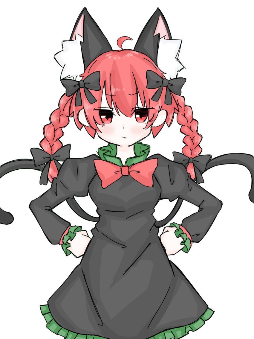 1girl :/ ahoge animal_ear_fluff animal_ears black_bow black_dress black_tail blush bow bowtie braid cat_ears cat_tail closed_mouth cowboy_shot dress extra_ears fang fang_out frilled_dress frilled_sleeves frills fumomono furrowed_brow glaring hair_between_eyes hair_bow hands_on_hips highres juliet_sleeves kaenbyou_rin long_hair long_sleeves looking_at_viewer multiple_tails nekomata puffy_sleeves red_bow red_bowtie red_eyes redhead simple_background skin_fang solo tail touhou tsurime twin_braids two_tails white_background