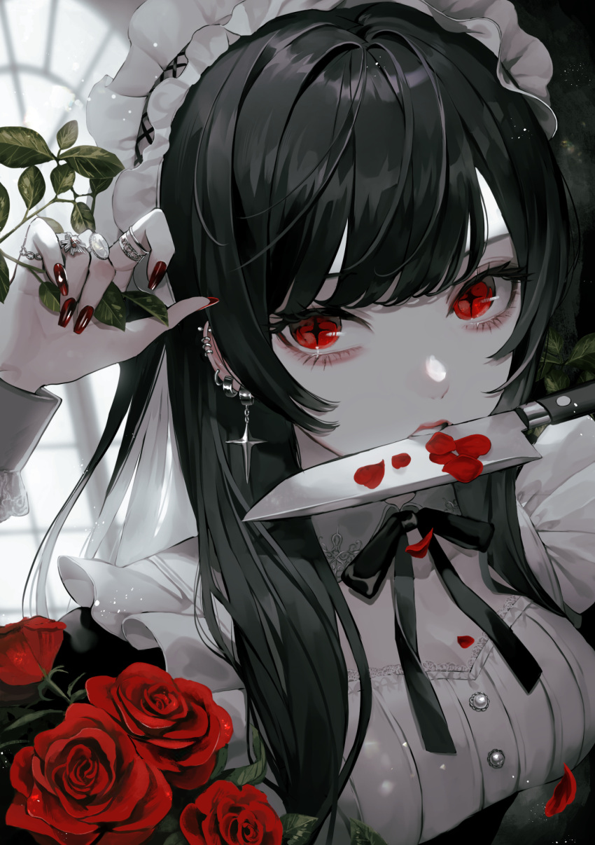 1girl bangs black_hair black_ribbon breasts commentary flower frills gothic hand_up highres jewelry knife_in_mouth leaf long_hair looking_at_viewer maid maid_headdress multiple_rings nail_polish neck_ribbon original red_eyes red_flower red_nails red_rose ribbon ring rose shirt small_breasts solo symbol-only_commentary symbol-shaped_pupils teeth upper_body yumeno_yume
