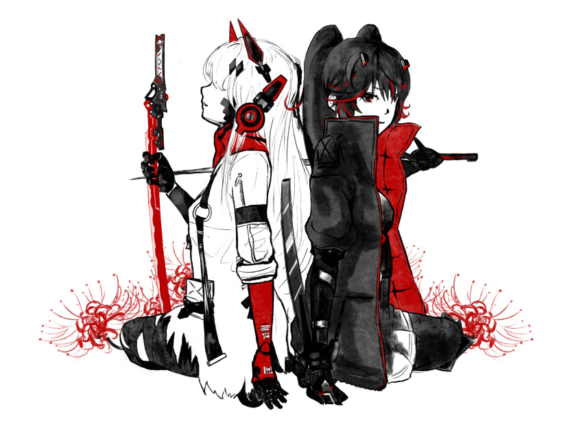 2girls bandaged_leg bandages flower hair_ornament headgear headphones highres holding holding_sword holding_weapon jacket long_hair lucia:_crimson_abyss_(punishing:_gray_raven) lucia_(punishing:_gray_raven) mechanical_arms metaldaisy multiple_girls open_clothes open_jacket partially_colored punishing:_gray_raven sidelocks sitting skirt sword twintails weapon white_background