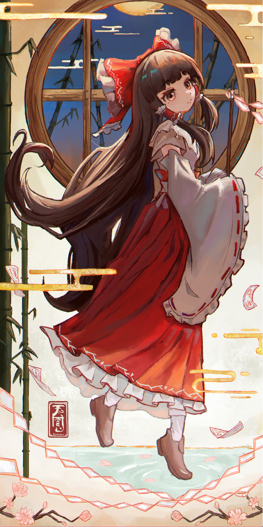 1girl absurdres bamboo bangs blunt_bangs bow branch brown_eyes brown_footwear brown_hair cherry_blossoms closed_mouth commentary_request detached_sleeves egasumi frilled_bow frilled_hair_tubes frilled_skirt frilled_sleeves frills full_body gohei hair_bow hair_tubes hakurei_reimu highres japanese_clothes long_hair miko ofuda red_bow red_skirt ribbon-trimmed_sleeves ribbon_trim shoes skirt socks solo split_mouth tenkijio touhou very_long_hair white_sleeves white_socks wide_sleeves window